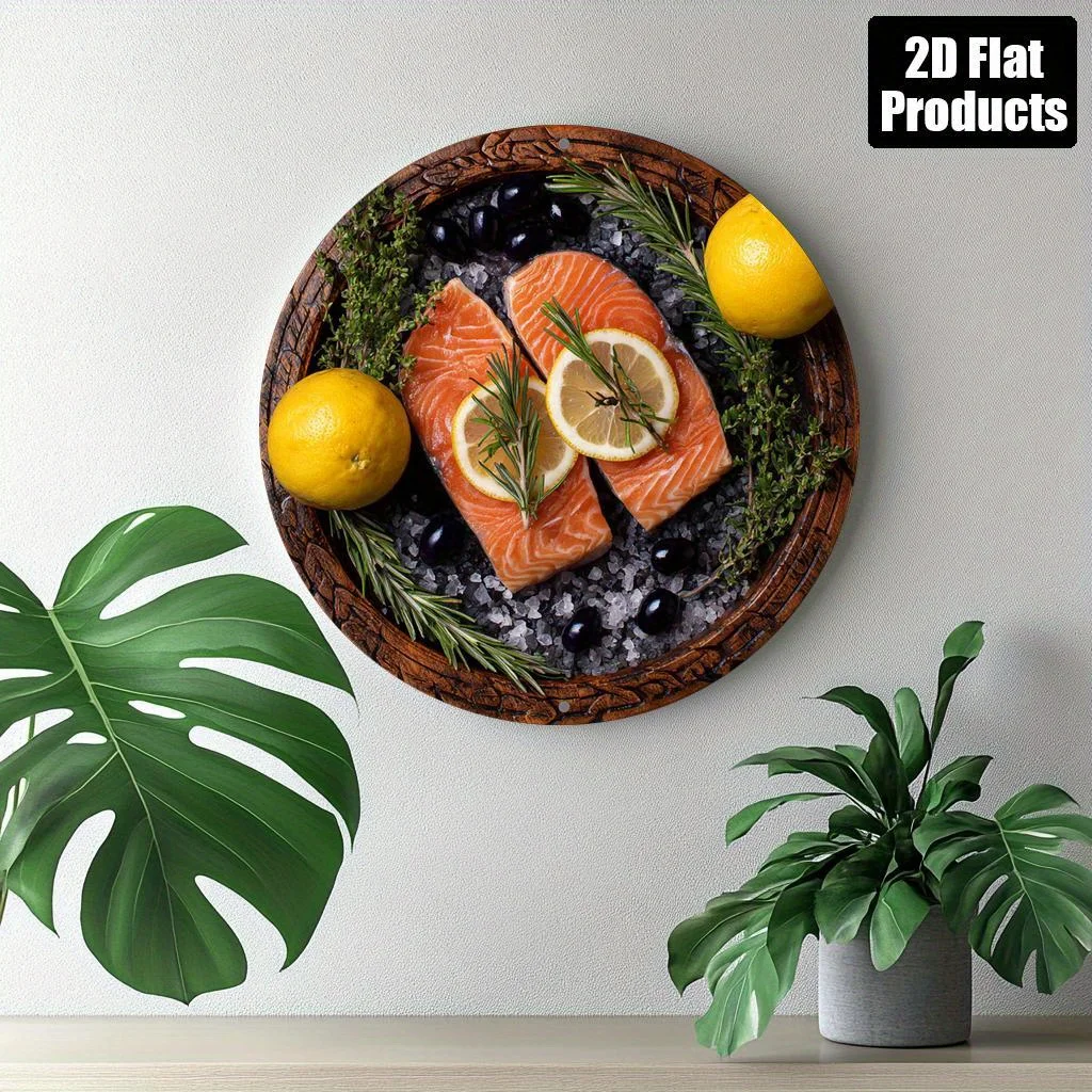 2D Vintage Metal Sign Salmon Sushi Round Aluminum Pendant Wall Art for Bar Cafe Home Office Halloween Christmas Gift