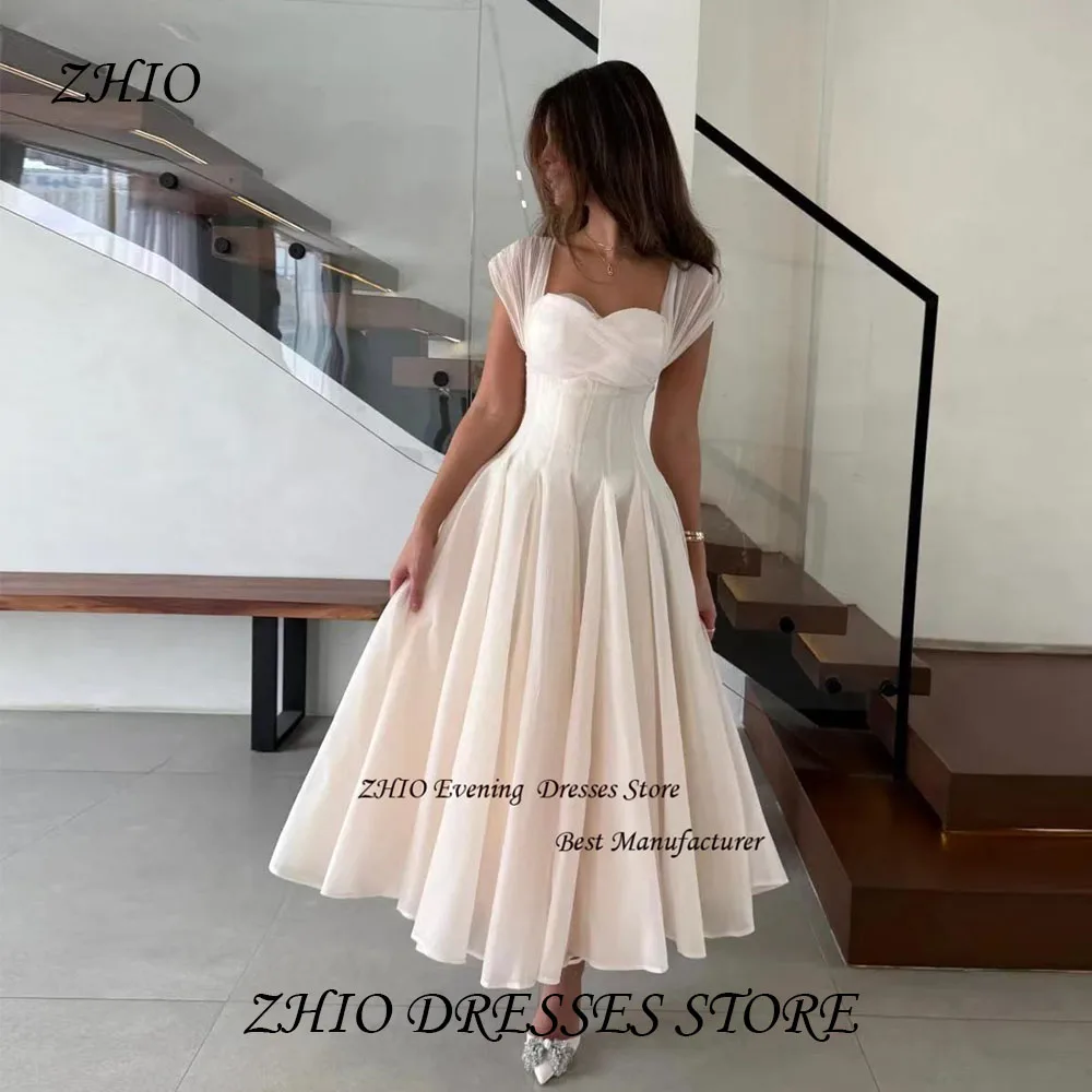 

ZHIO Tulle A Line Modern Style Sweetheart Wedding Dress Photo Shoot Illusion Sleeveless Ankle-Length Bride Gowns with Pleat