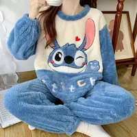 Cartoon Stitch pajamas winter flannel lapel long-sleeved trousers casual two-piece set new Disney loungewear women's pajamas