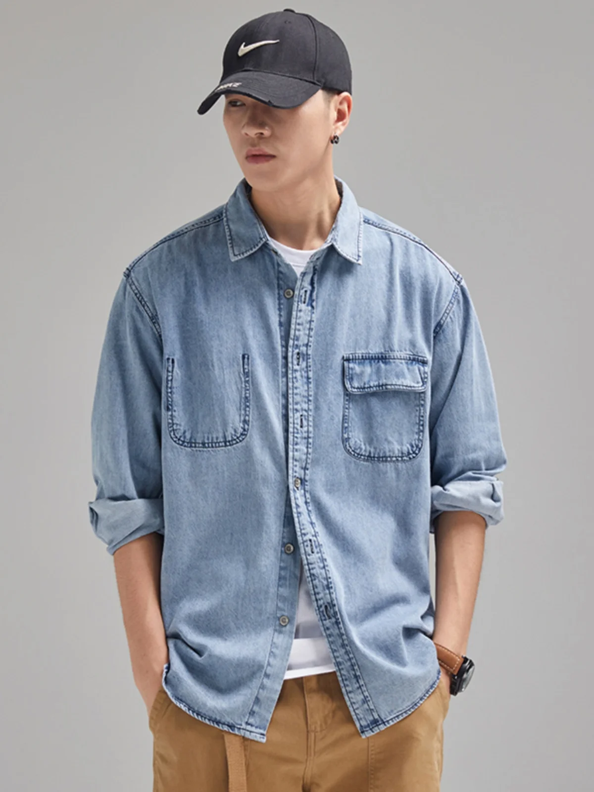 

Men's Pure Color Workwear Sle Japanese Hongfeng Thiened Trendy Denim irt Spring Autumn Cotton Long Sve Breathable