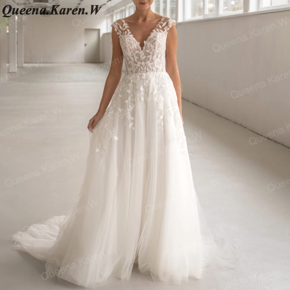 Robe de mariée en dentelle à col en V, robe de mariée élégante, ligne A, Boho, appliques, patients de mariage