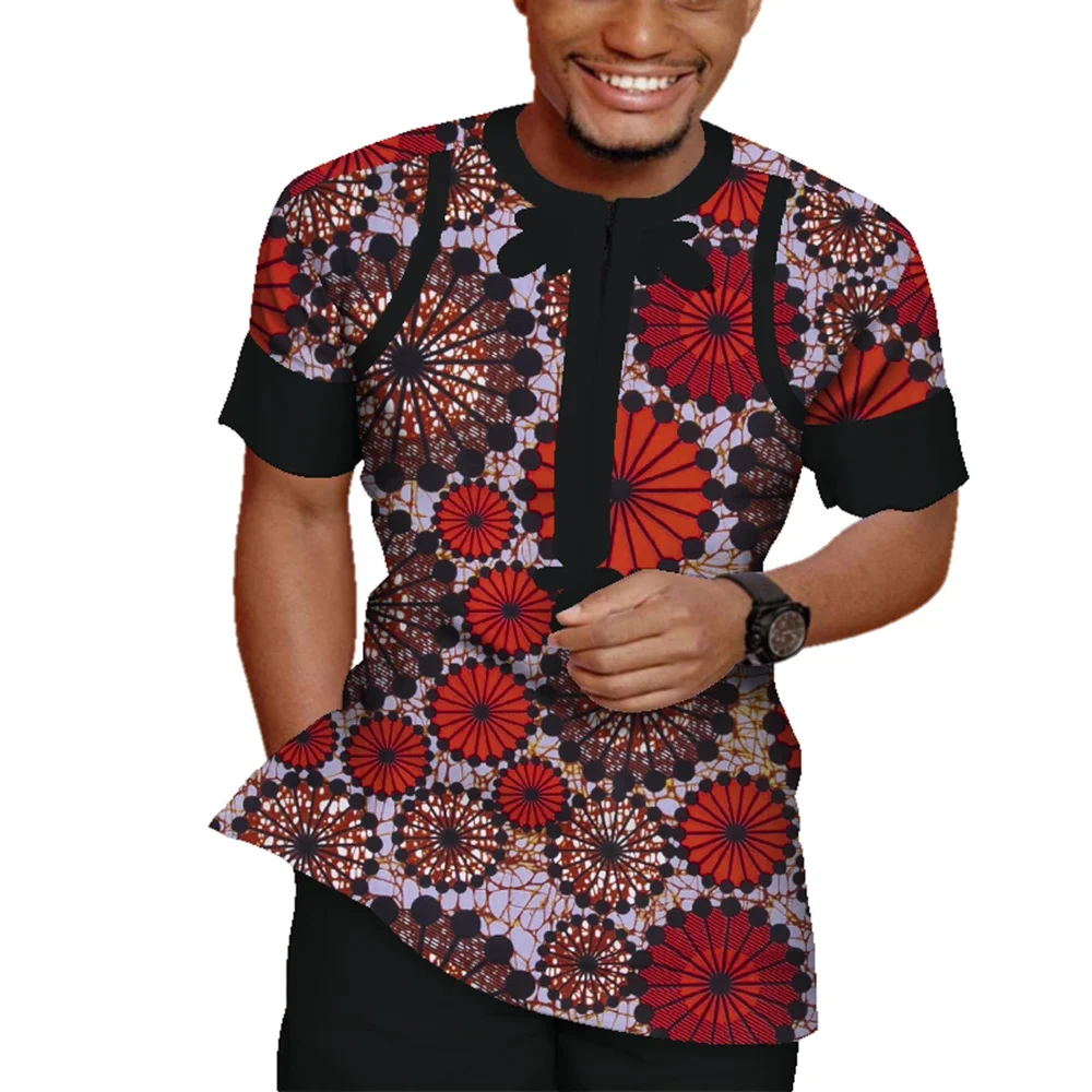 2pcs set Men Top Shirt and pant trousers set Bazin Riche African Men Clothes Cotton Print Patchwork Short Sleeve Dashiki WYN943