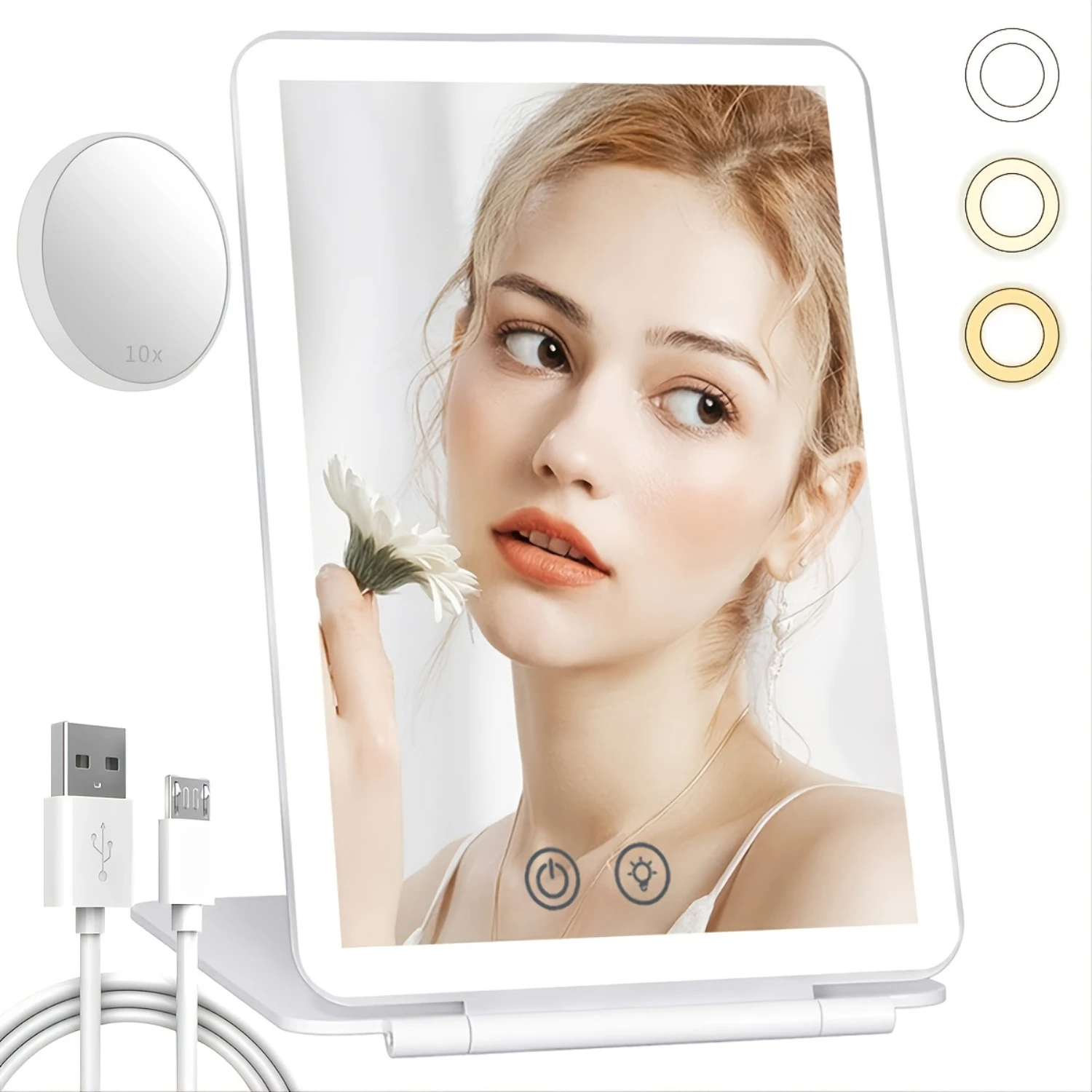 

Rechargeable LED Light Travel Vanity Mirror with 10x Magnification, 3 Color Options - Portable Makeup Mirror for Flawless Applic