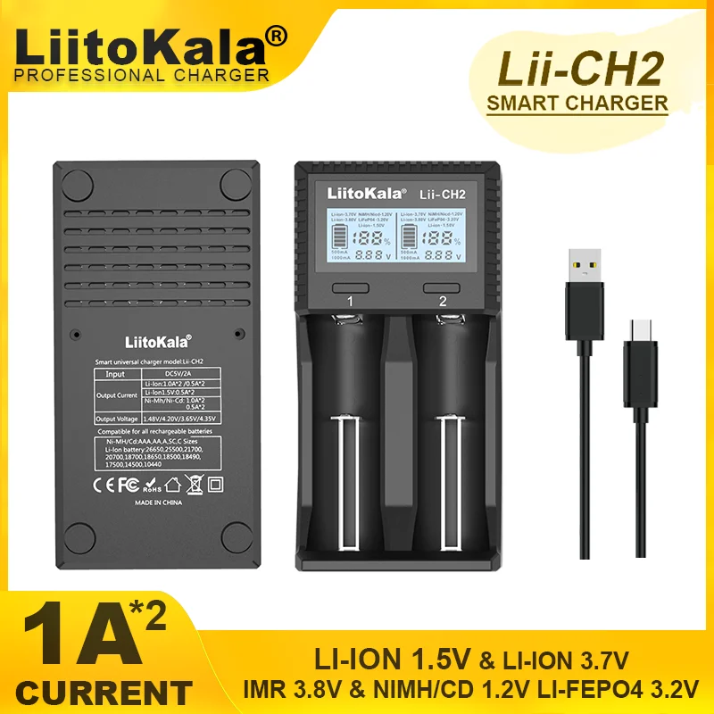 Liitokala Lii-CH2 Lii-M4S 3.7V 1.2V LCD Multifunction 18650 26650 21700 17355 18350 14500 AA AAA NIMH/CD Li-ion Battery Charger