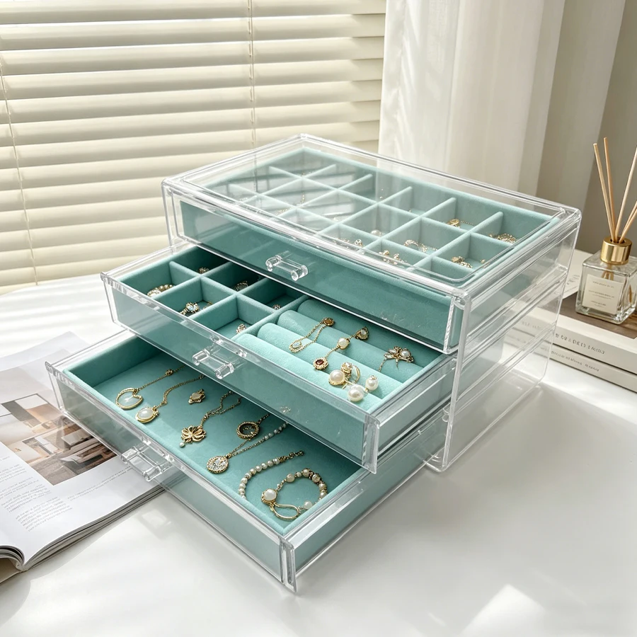 3-Layer Blue Velvet Jewelry Box with 18+1+Empty Tray, Velvet Jewelry Box for Storing Jewelry, Jewelry Rings, Bracelets, Necklace