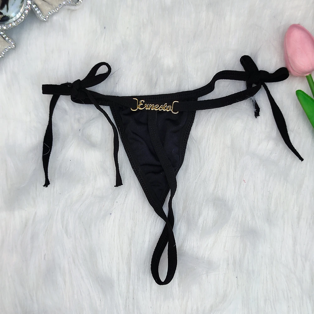 Sexy Custom Letter Thong with Name Bow Knot Gold Silvery Chain Women Personalized V String Underwear BiKini Panties Gifts