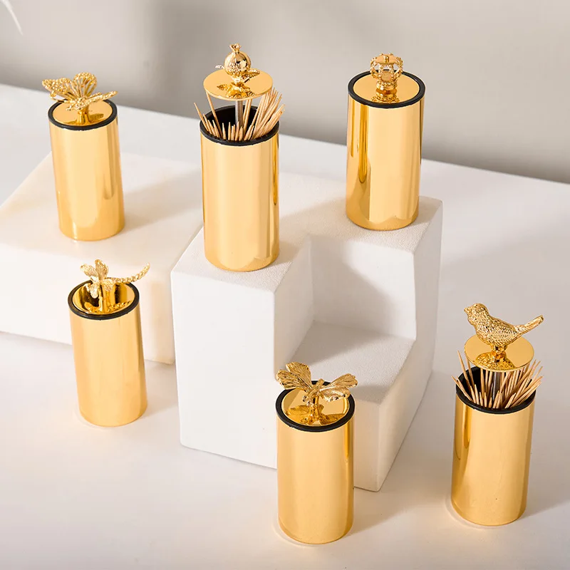 

European-style Gold-plated Pressed Toothpick Box Animal Accessories Stainless Steel Toothpick Tube Home Cotton Swab Dispenser
