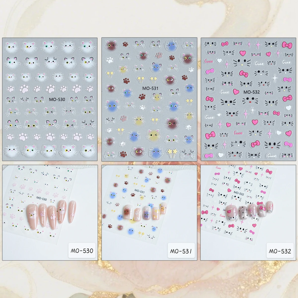 3 to 15 Sheets 5D Cute Cat Nail Stickers White Kitty Face Paw Print Bow Heart Self Adhesive Kawaii Nail Decals