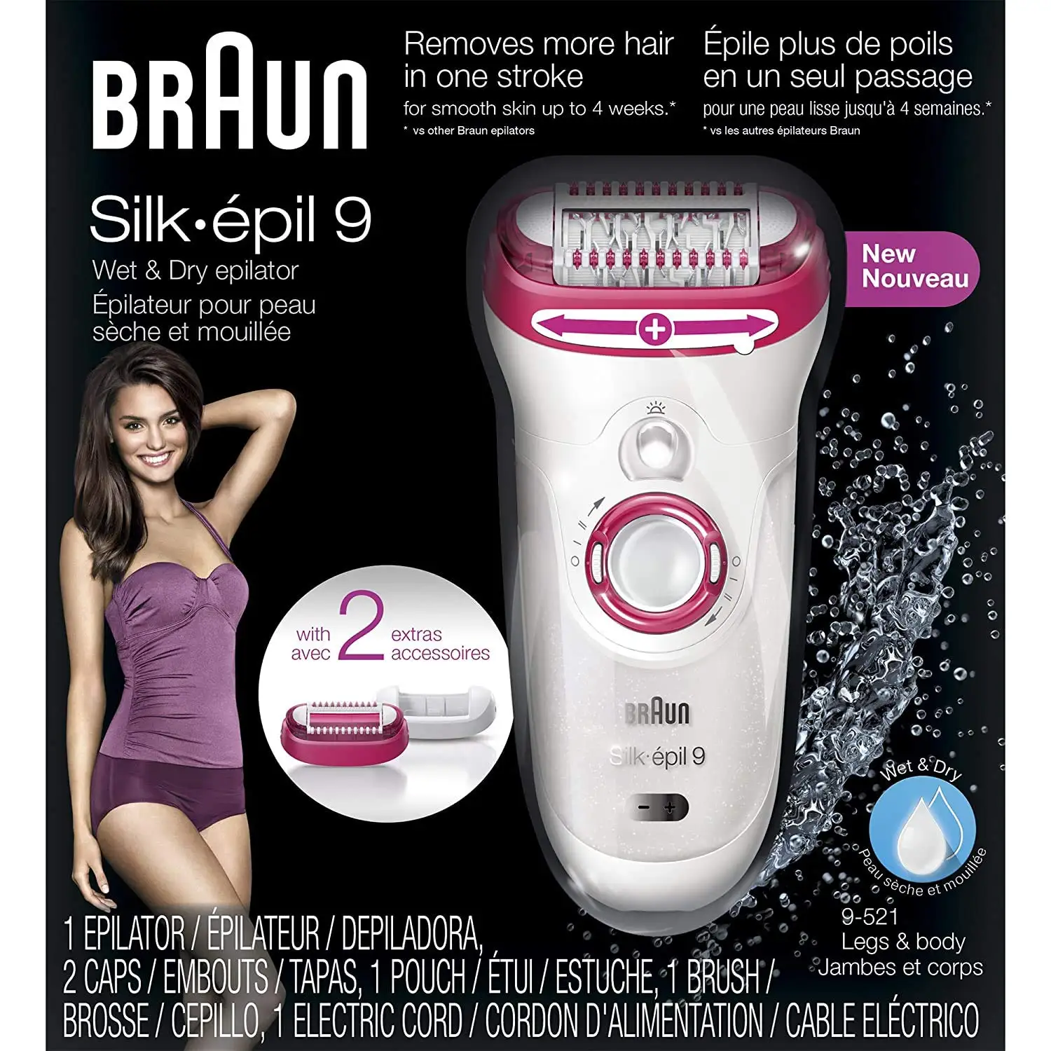 Braun Epilator Silk-epil 9 9-521, Hair Removal for Women, Wet & Dry, Cordless, and 2 Extras Tüy dökücü balmumu,bodysuit kadın,