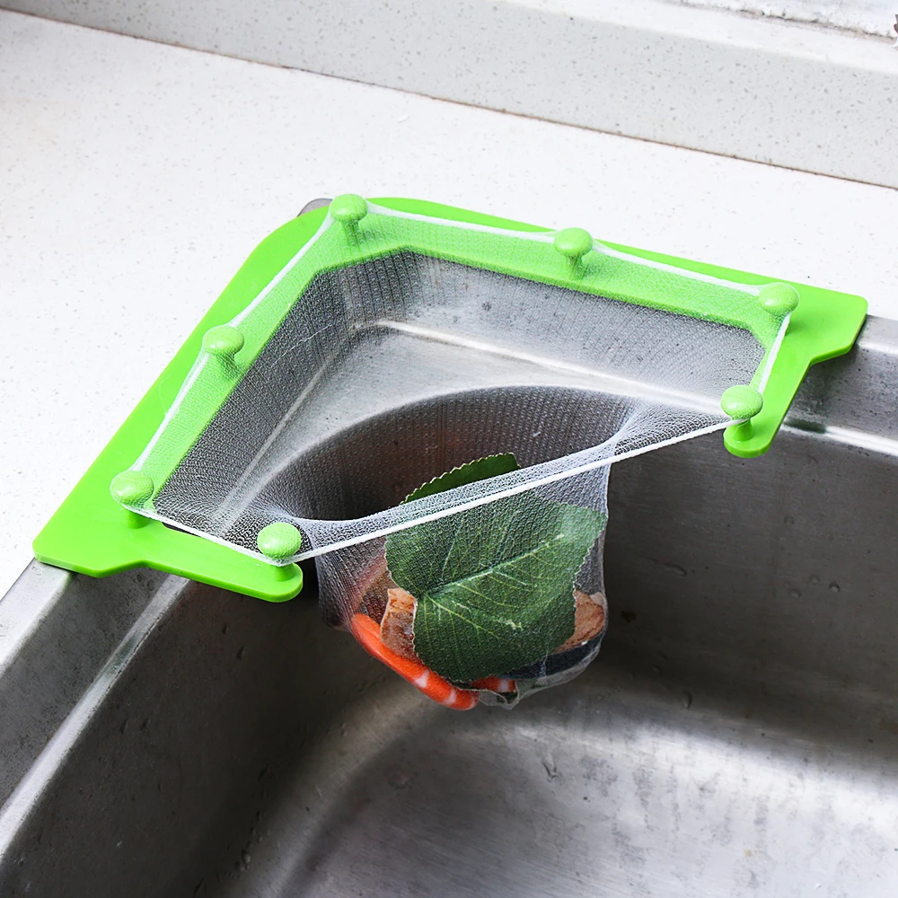 New Triangle Tri-Holder Filter Sink Strainer Bag Fine Mesh Net Leftovers Garbage Storage Rack House Sink Corner Hanging Holder