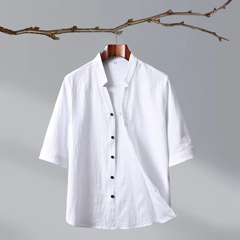 New Fashion Cotton Linen Crepe Pure Color Matching Outdoor Travel Trend Chinese Style Men\'s Sleeved Shirt Casual Matching Shirt