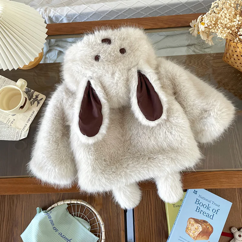Girls' Cotton Padded Plush Coat Autumn Winter New Children's Cute Big Ears Hooded Zipper Jackets Korea Kids Warm Overcoat