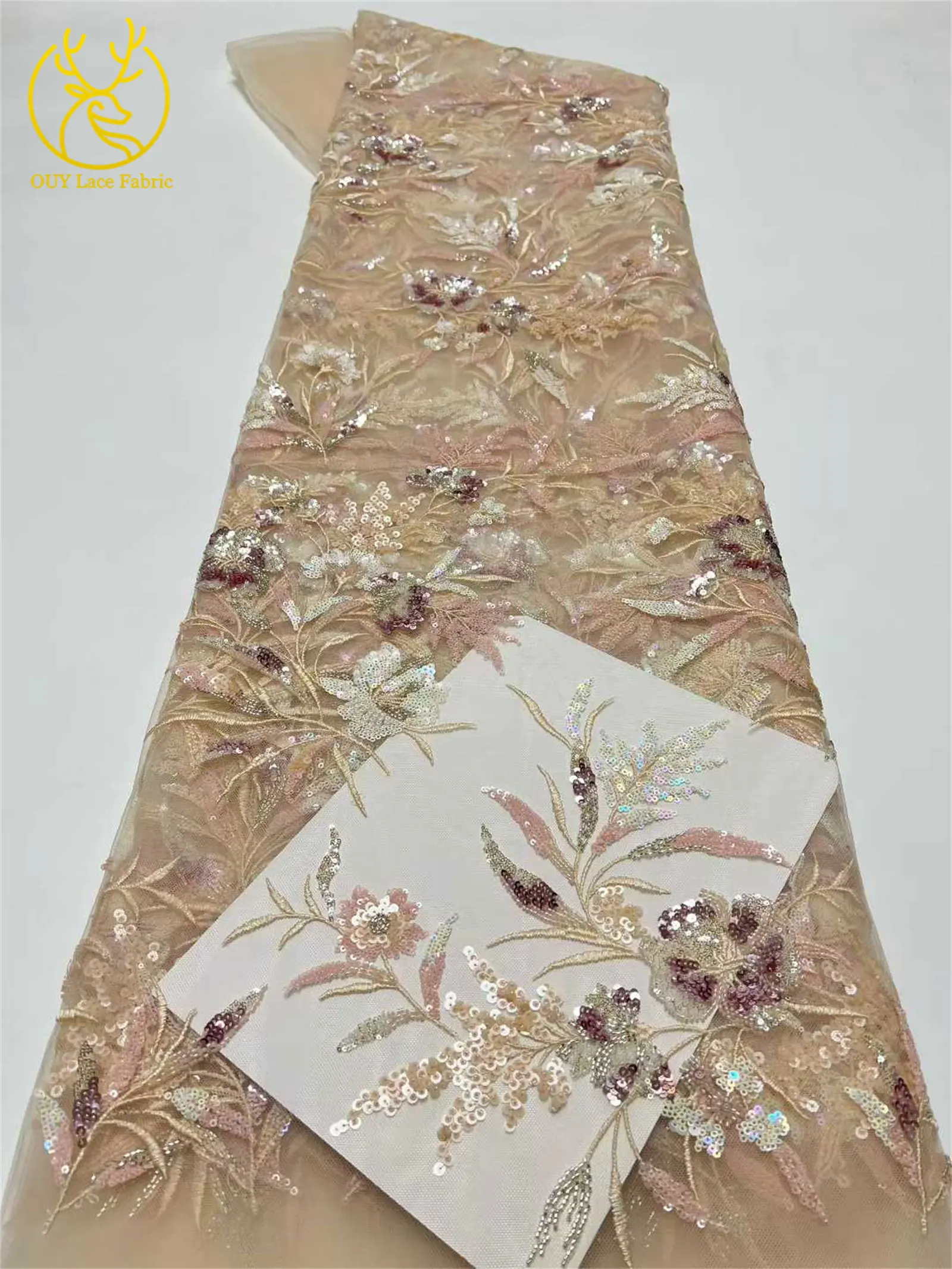 Neuester mit Pailletten bestickter Spitzenstoff 2026 Hochwertiger nigerianischer Perlen-Spitzenstoff, geeignet für Damen-Hochzeitskleider, 5 Yards – Detail 19