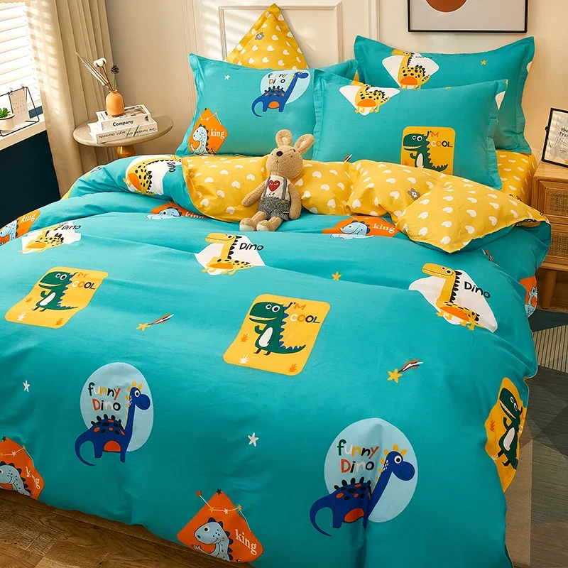 Dinosaur Duvet Cover Set Queen Size, 100% Cotton, Cartoon Jurassic Animal Bedding Set, Comforter Cover with Zipper 2 Pillowcases