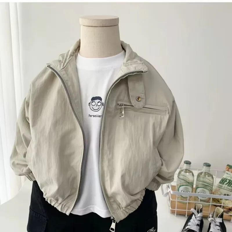Boys Spring Autumn Jacket New Stand Collar Zipper Coat Kids Casual Loose Long Sleeve Outerwear