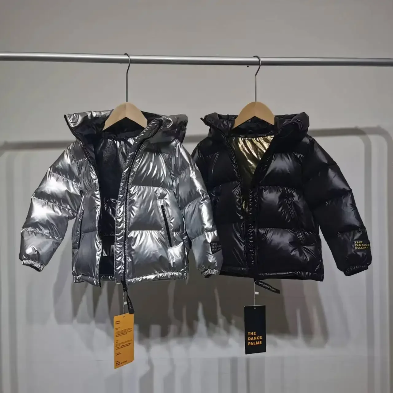 2023 Boys Down Jacket Winter Glossy Silver/Black Waterproof Hooded Parka Children Girls Loose Warm Coats  XMP435