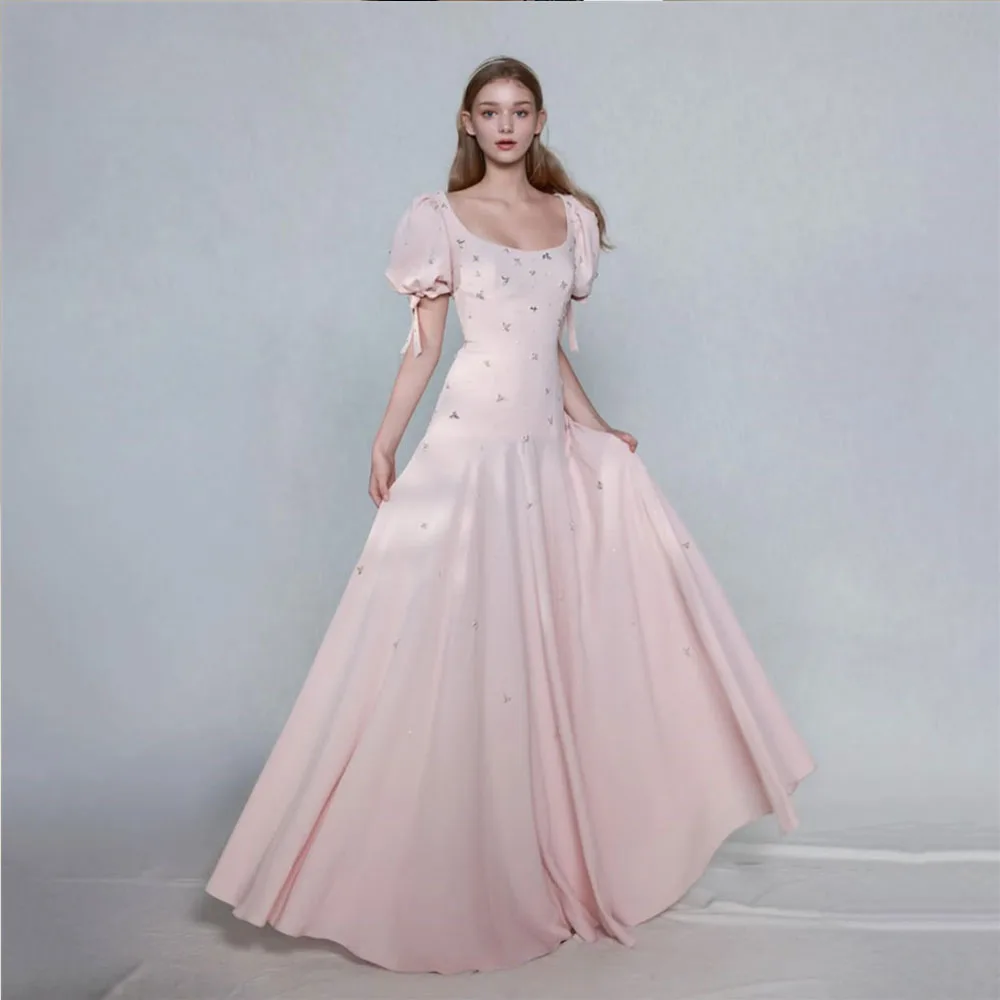 

Изысканные вечерние платья-русалки розового цвета с квадратным вырезом, расшитые бисером, с пышными рукавами и бантами, для выпускного вечера, на заказ