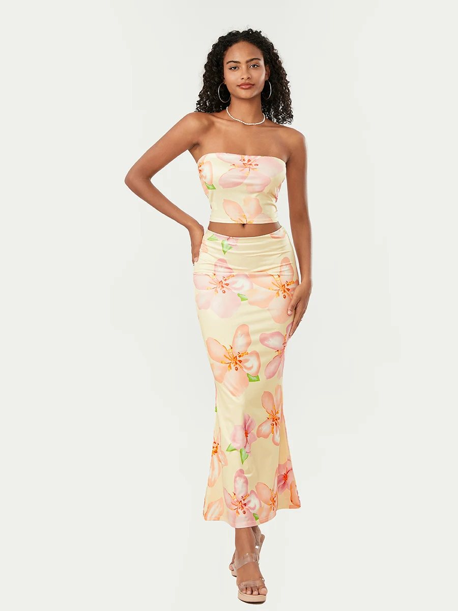 Dames Zomerrok Outfits Bloemenprint Tube Tops Met Lange Slanke Rok Set Tweedelige Rok Sets