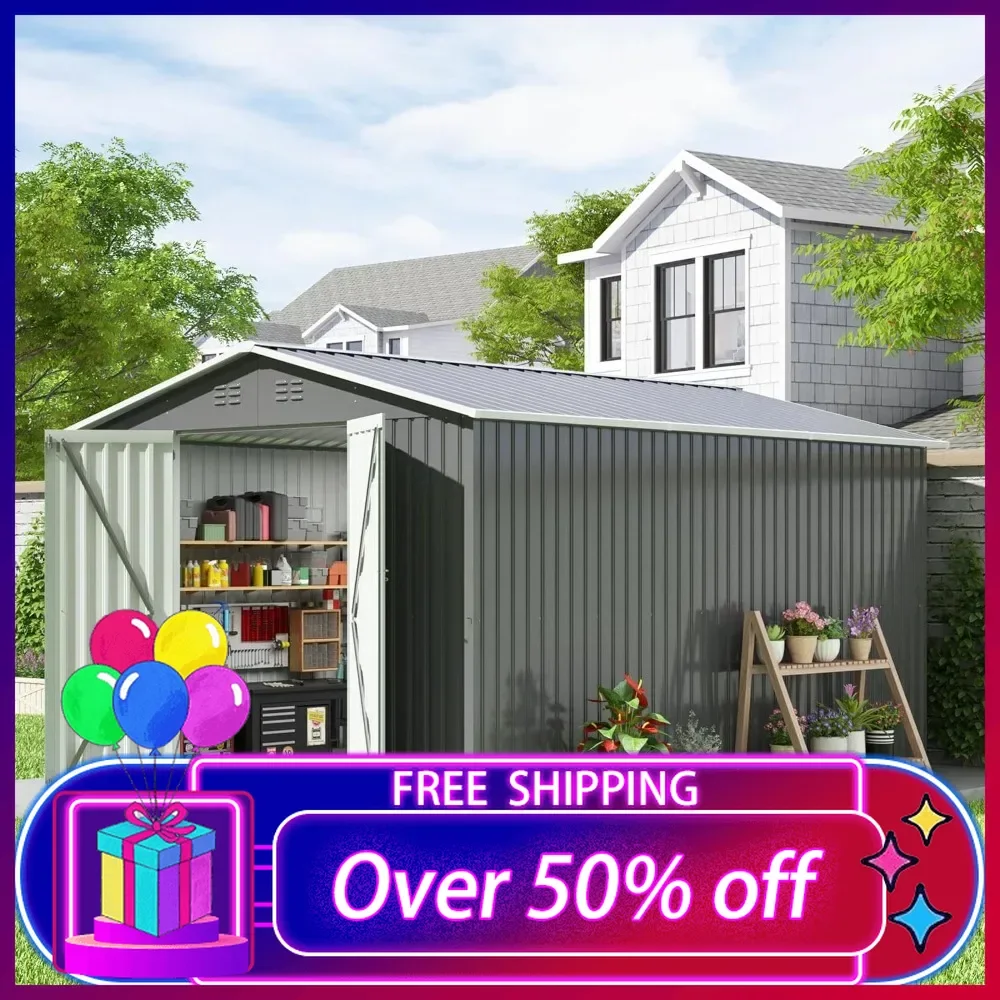 

10x12 FT Outdoor Storage Shed, Large Metal Tool Sheds with Updated Frame Structure and Lockable Doors, Garden Shed for Backyard