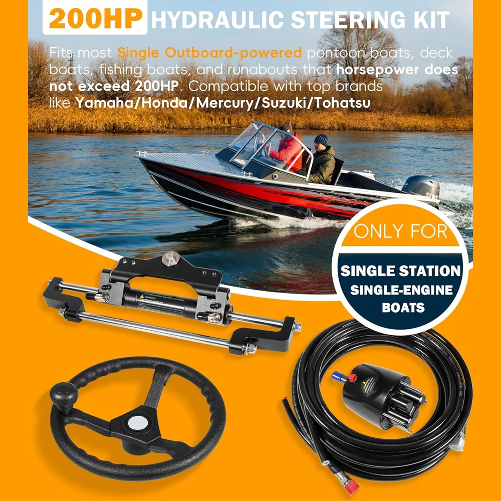 200HP Hydraulic Outboard Steering Kit - Complete Marine System with Wheel, Helm Pump, Hydraulic Cylinder, 26ft Nylon Hoses