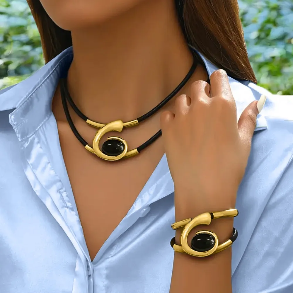 2pcs Set Boho Geometry Spiral Acrylic Imitation Gemstone Double-layer Black Leather Rope Necklace Bracelet for Women Jewelry Set