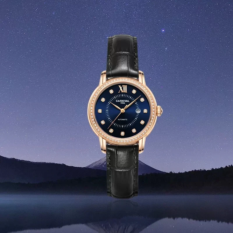 CARNIVAL Luxury Original Brand Watch for Women Waterproof Diamond Automatic Skeleton Mechanical Ladies Dress Wristwatch Gift Set