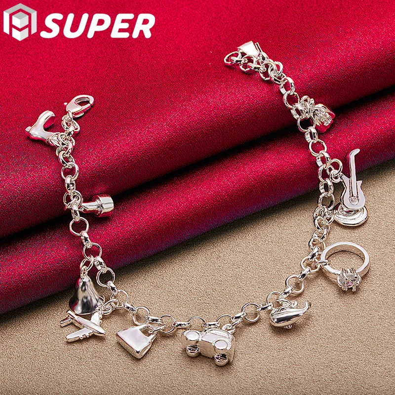 

925 Sterling Silver Shoe Bell Airplane Lock Car Fish Ring Lollipop Guitar Bracelet Chain For Women Charm Jewelry