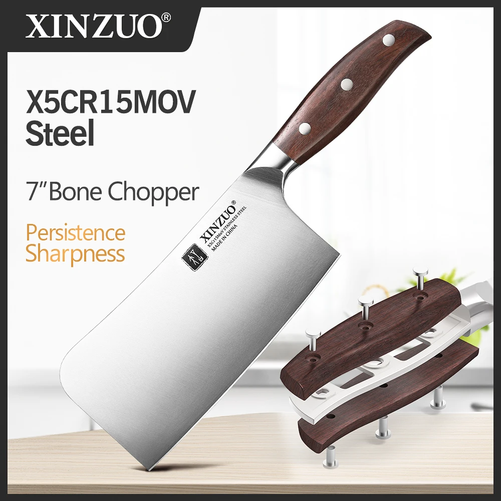 XINZUO 7\'\' inch Big Bone Chopper Knife X5Cr15MoV Steel Slicing Chef Cut Kitchen Knives Red Sandalwood Handle Cook Chopper Cutter