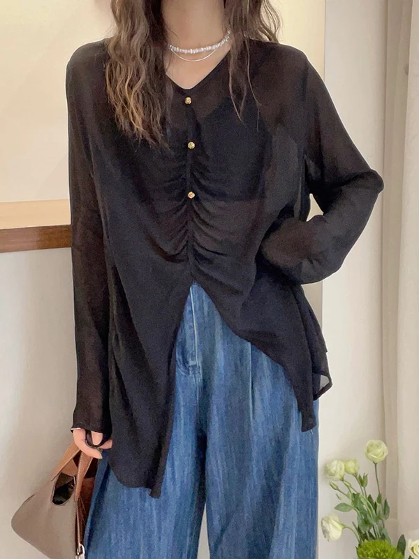 

Женская летняя футболка больших размеров с защитой от солнца, тонкая, с V-образным вырезом, свободного кроя, средней длины, с длинными рукавами, простой фасон