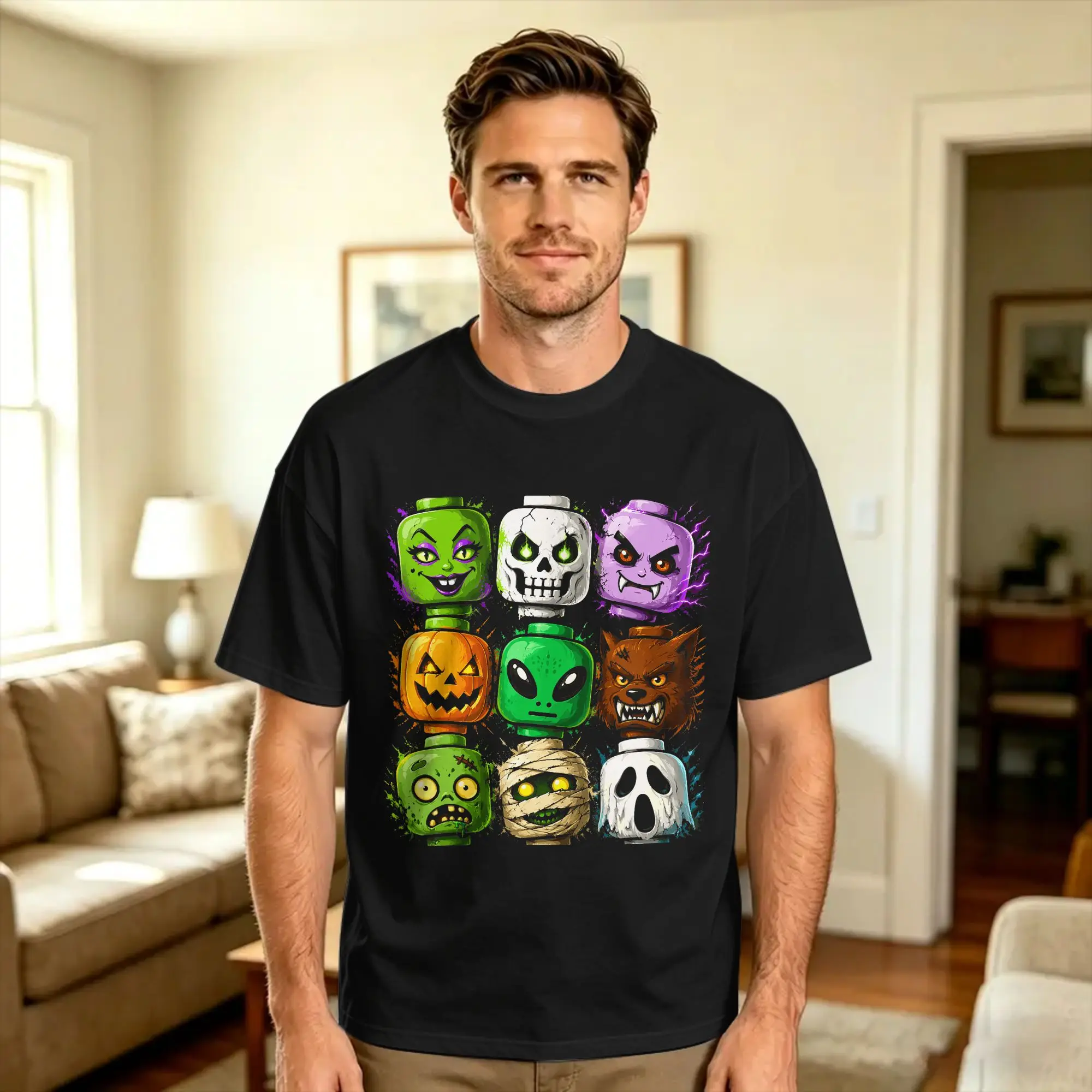 Couple T-Shirt Halloween Building Brick Head Pumpkin Ghost Zombie Halloween T Shirts Fashion  Summer Tee Shirt Cotton Tops Gift