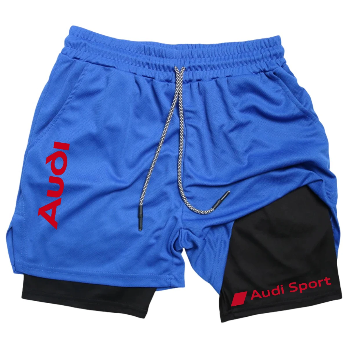 Men's sports shorts, version 2026. Features Audi logo, quick drying, good breathability, two-in-one design, double-layer fabric.