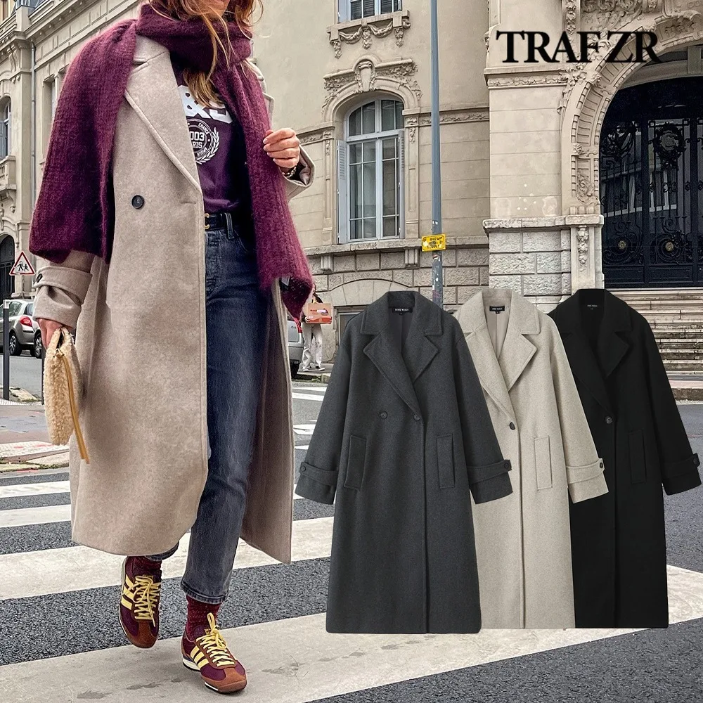 TRAF ZR Normcore Wool & Blends Coats Notched Lapel Collar Elegant Loose Coat Long Sleeves with Buttoned Tabs Slouchy Outerwears