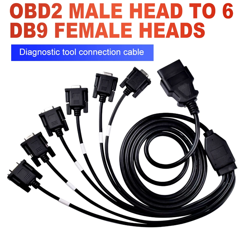 OBD Male Connector to 6 DB9 Female Plug Interface Serial RS232 Diagnostic Tool Gateway Connection Cable Auto Wire Accessories