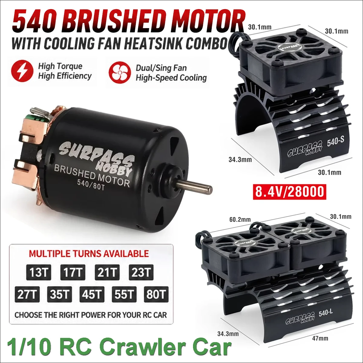 Surpass Hobby RC Fan Cooling Heatsink & 540 Brushed Motor Combo for Traxxas TRX-4 Axial SCX10 1/10 RC Rock Crawler Off-Road Cars