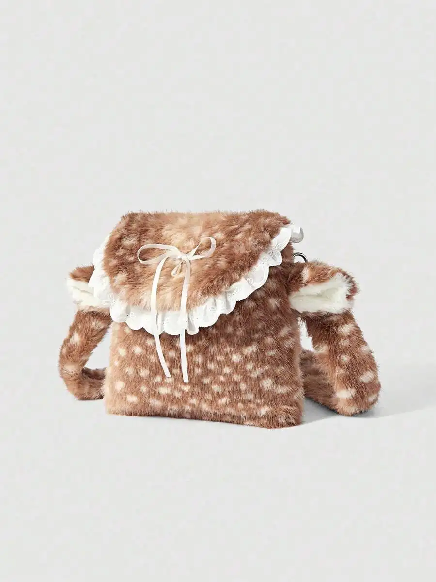 

Brown Deer Print Faux Fur Shoulder Bag With Lace Ruffle And Bow Decor