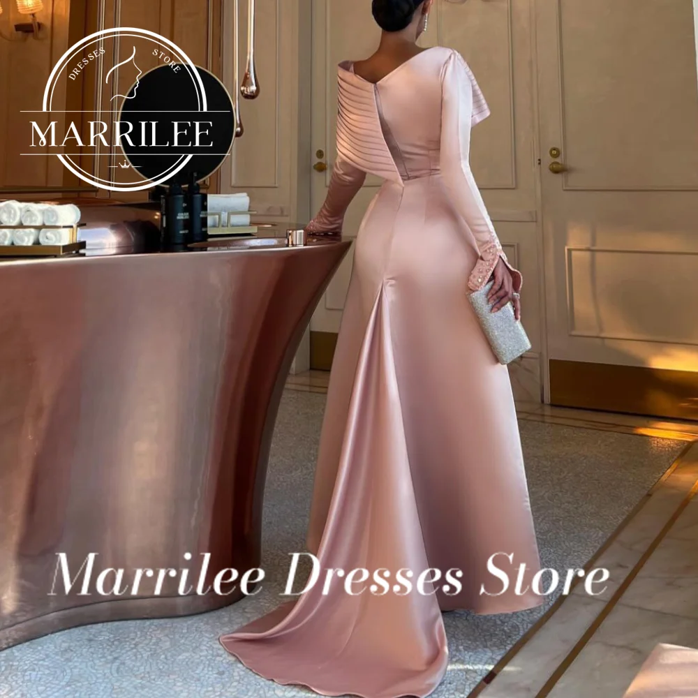 Marrile Customized Crystal Solid Color Sweep Train Flare Sleevs Satin Off Shoulder Ladies Gowns For Special Occasion Maternity