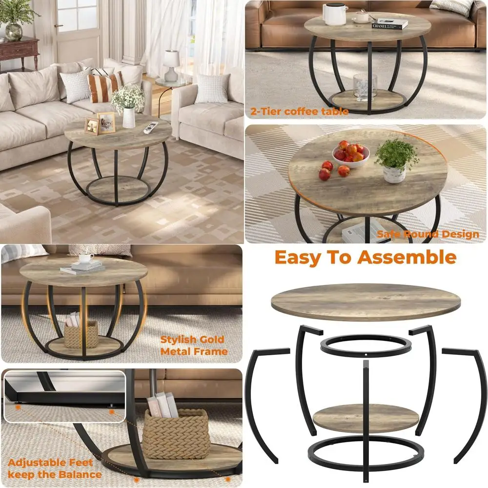 

Modern Grey Wash 2-Tier Small Coffee Table with Adjustable Feet for Compact Living Spaces