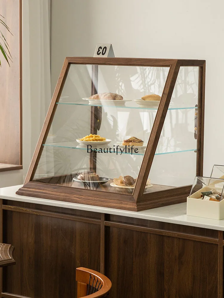 Retro Solid Wood Display Cabinet Made of Glass Coffee Shop Baking Desktop Oblique Display Storage Cabinet