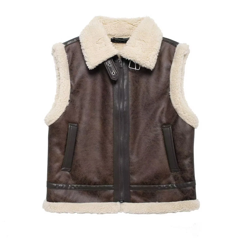 Gilet in ecopelle con colletto in shearling per donna uomo, giacca senza maniche foderata in caldo pile, capispalla vintage con cerniera per l'autunno invernale
