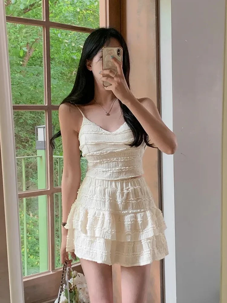 

Summer Sweet Lace Strap Vest Top High Waist f Skirt Two Piece Set Women's Faion V Ne Svel Outfit Combo