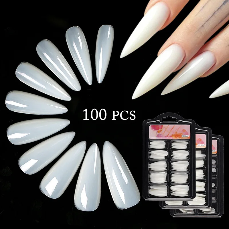 100ชิ้น/กล่องเล็บปลอมเต็มรูปแบบ Clear สีขาวกดบนเล็บแคปซูล T-Shaped Water Drop เล็บปลอมสติ๊กเกอร์อุปกรณ์เสริม