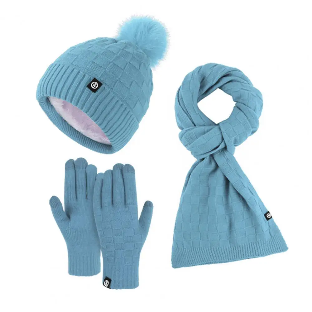 Hat Scarf Gloves Set 3 piece Winter Beanie Hat Long Scarf Gloves Set for Women Plush Ball Decor Warm Knit Mittens