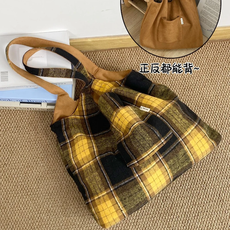 

Винтажная женская шерстяная сумка в клетку контрастного цвета, замшевая двусторонняя женская сумка-тоут большой вместимости, портативная сумка-жилет для девочек