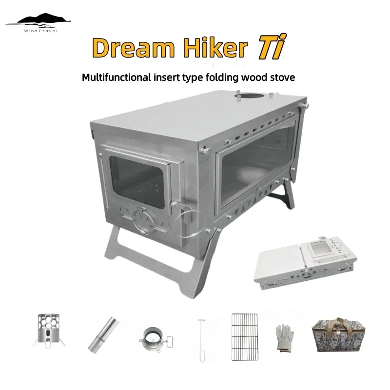 Dream-Hiker Titanium Double Glass Folding Firewood Stove Hiking Camping Tent Stove BBQ Stove