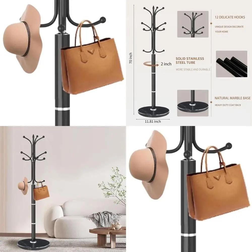 

Stylish Freestanding Coat Rack with 12 Hooks, Durable Marble Base, Black Metal Stand for Entryway or Office