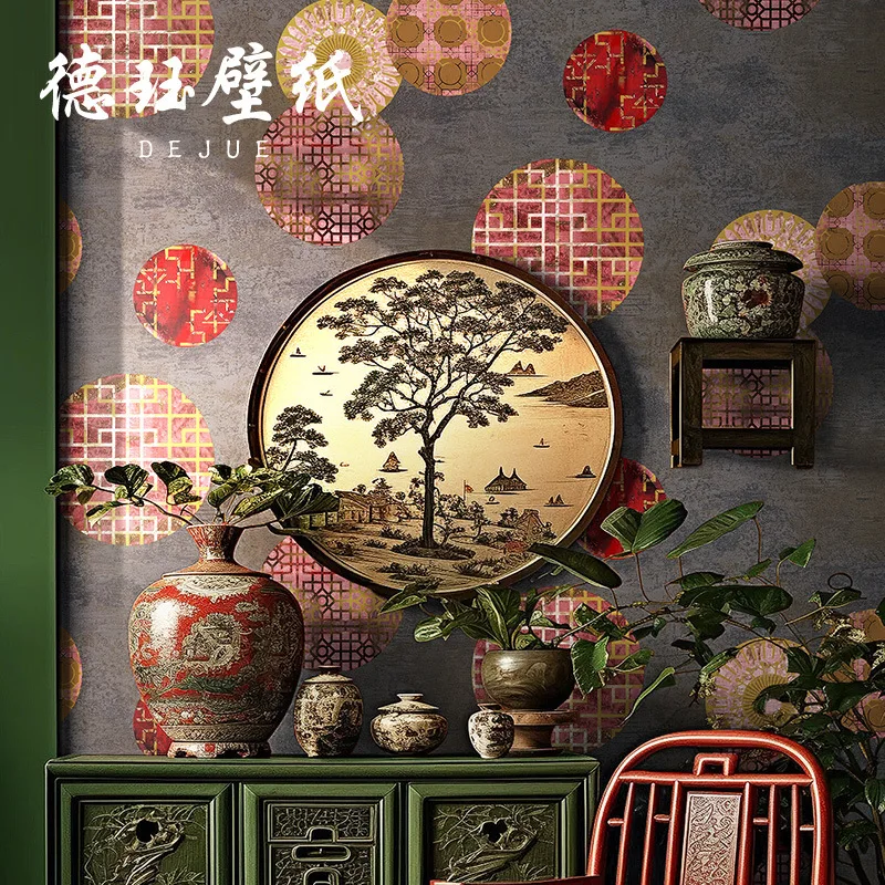 Chinese style wallpaper gold foil national trend non woven fabric bedroom TV background wall tea room thickened non self