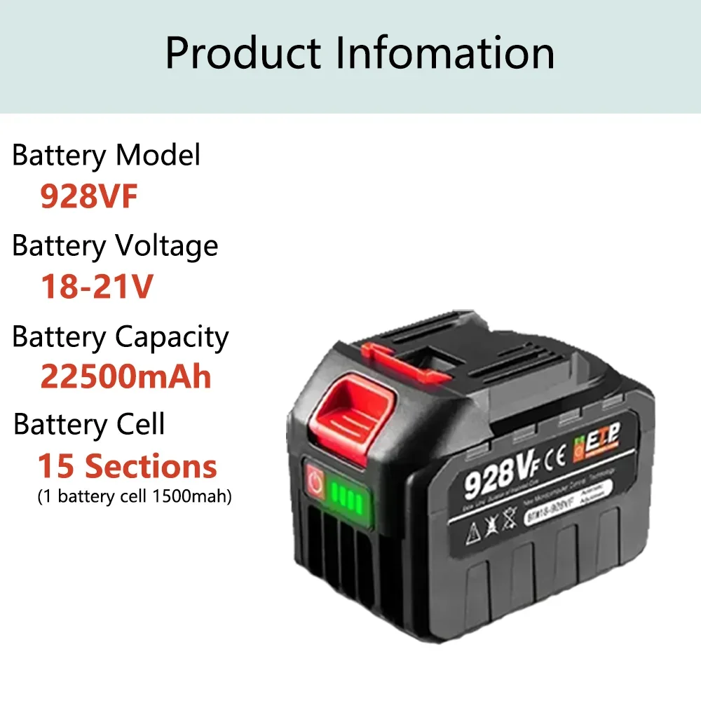 18V 21V 928VF Battery 20V 22500mah Rechargeable Lithium Ion Battery with Capacity Indicator for Makita Electric Power Tool
