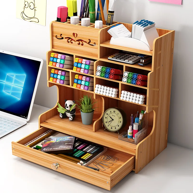 

Wooden Desk Storage Shelf Organizer Multifunctional Desktop Stationery Pen Holder Box Home Office School Supplies Storage Holder