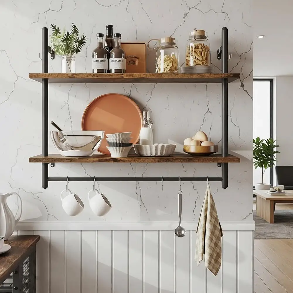 

31 Rustic Brown Wall-Mounted Kitchen Shelving with Towel Hooks and Wine Rack for Home Decor
