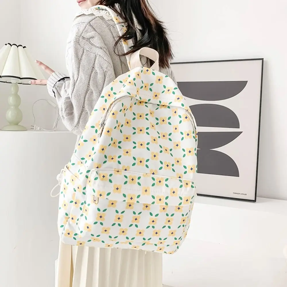 Multi Pocket Fashion Students Backpack Nylon Leisure Floral School Bag Casual Aesthetic Shoulder Bag Textbook